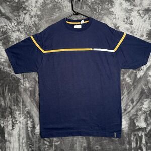 Point Zero Mens T-Shirt XL Navy Blue Yellow White Chest Stripe 100% Cotton